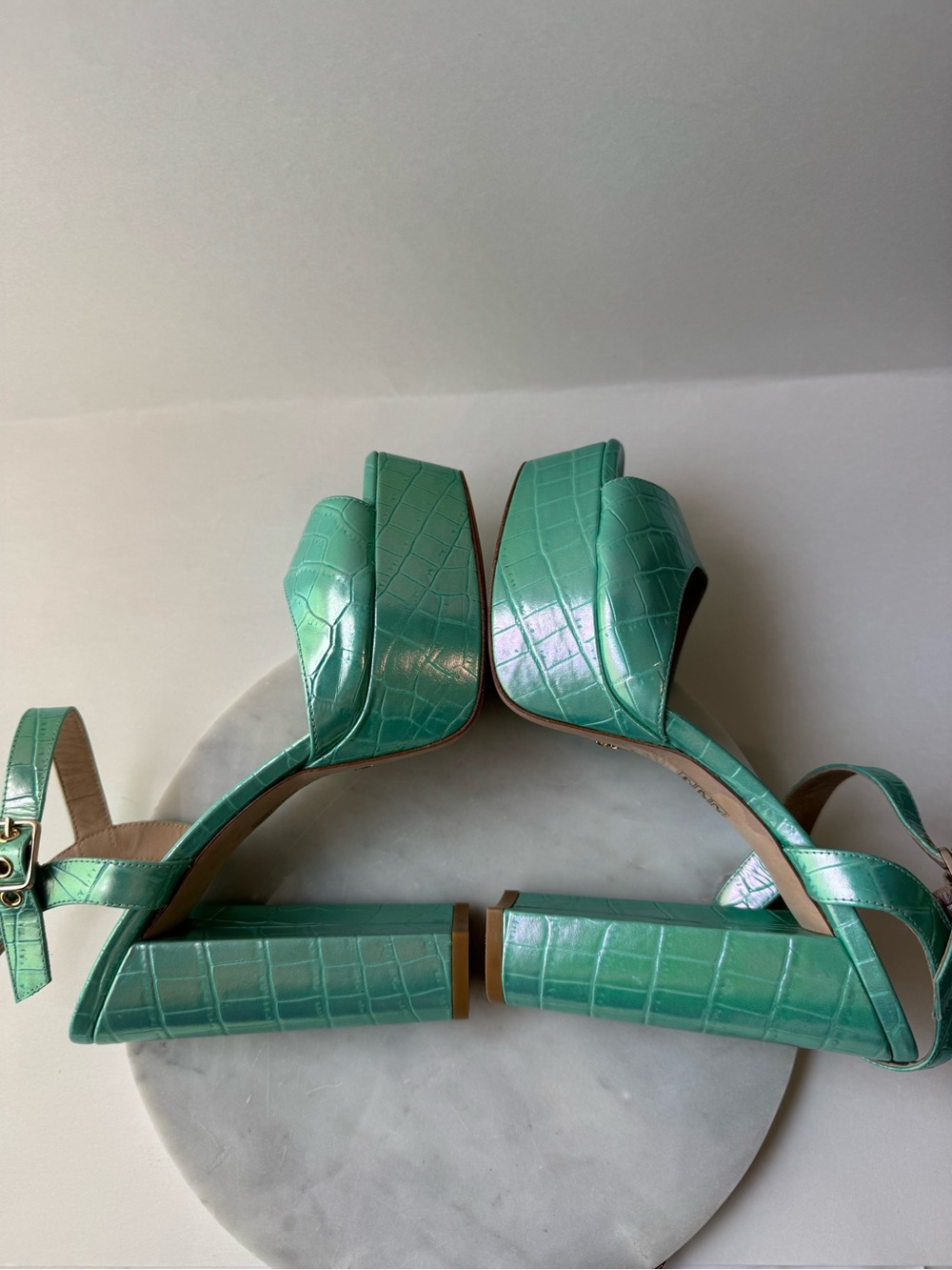 Stuart Weitzman Aqua Croc-Embossed Platform Sandals - Picture 10 of 16